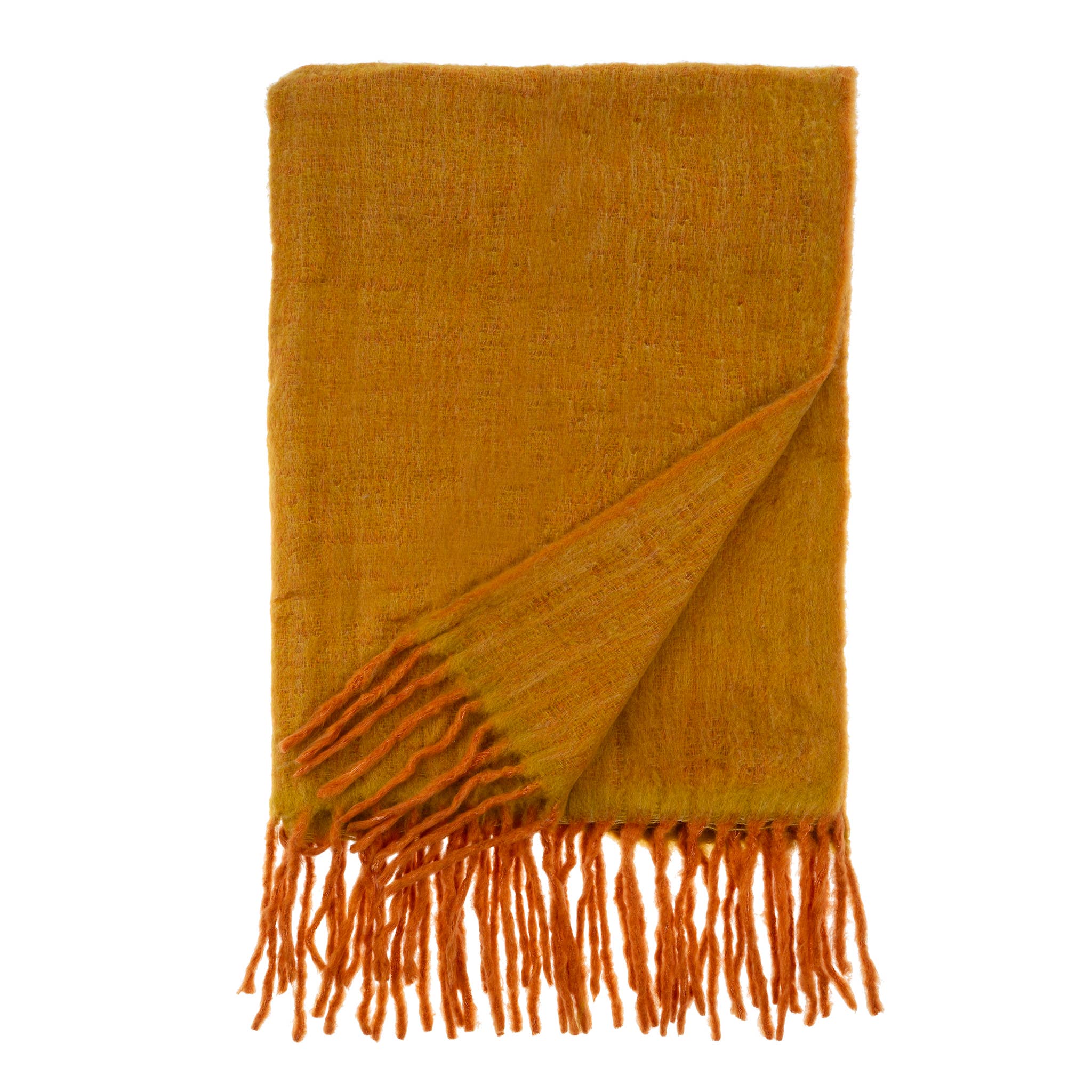 A folded golden-yellow woolen throw blanket with a soft texture and long fringes at the ends, displayed on a white background.