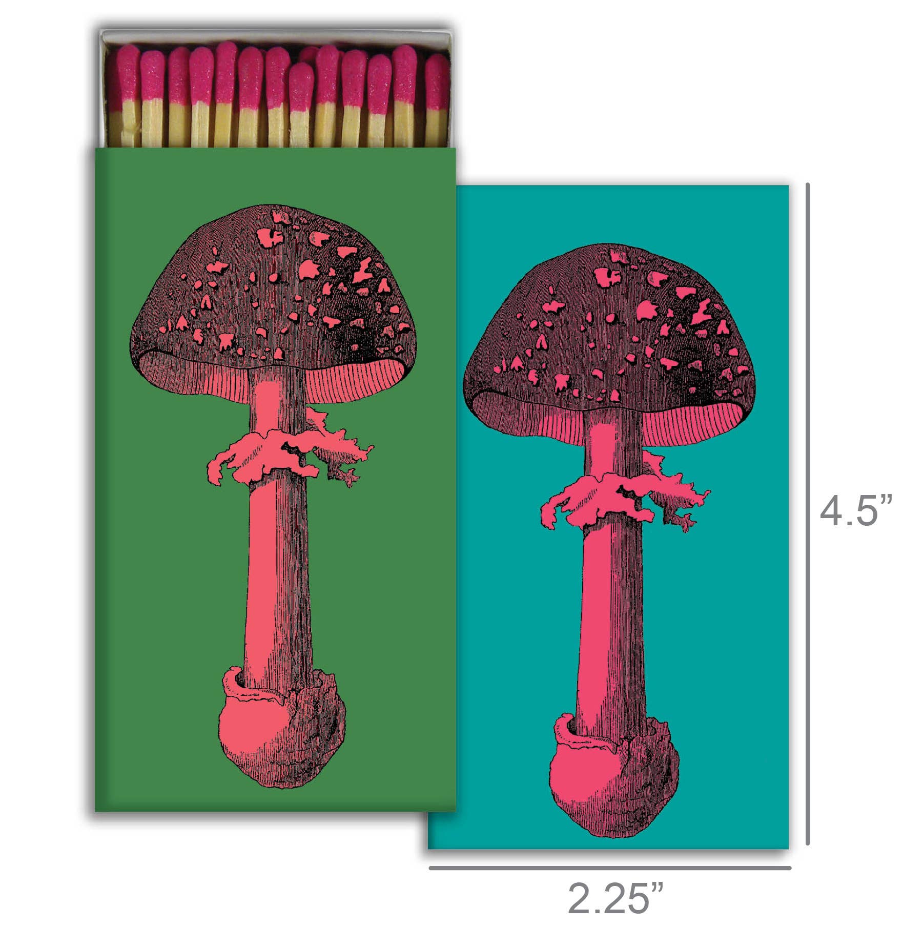 A box of matches with a pink and black mushroom illustration on a green cover; the box is next to a bright teal card with the same mushroom design. Dimensions: 4.5 x 2.25.