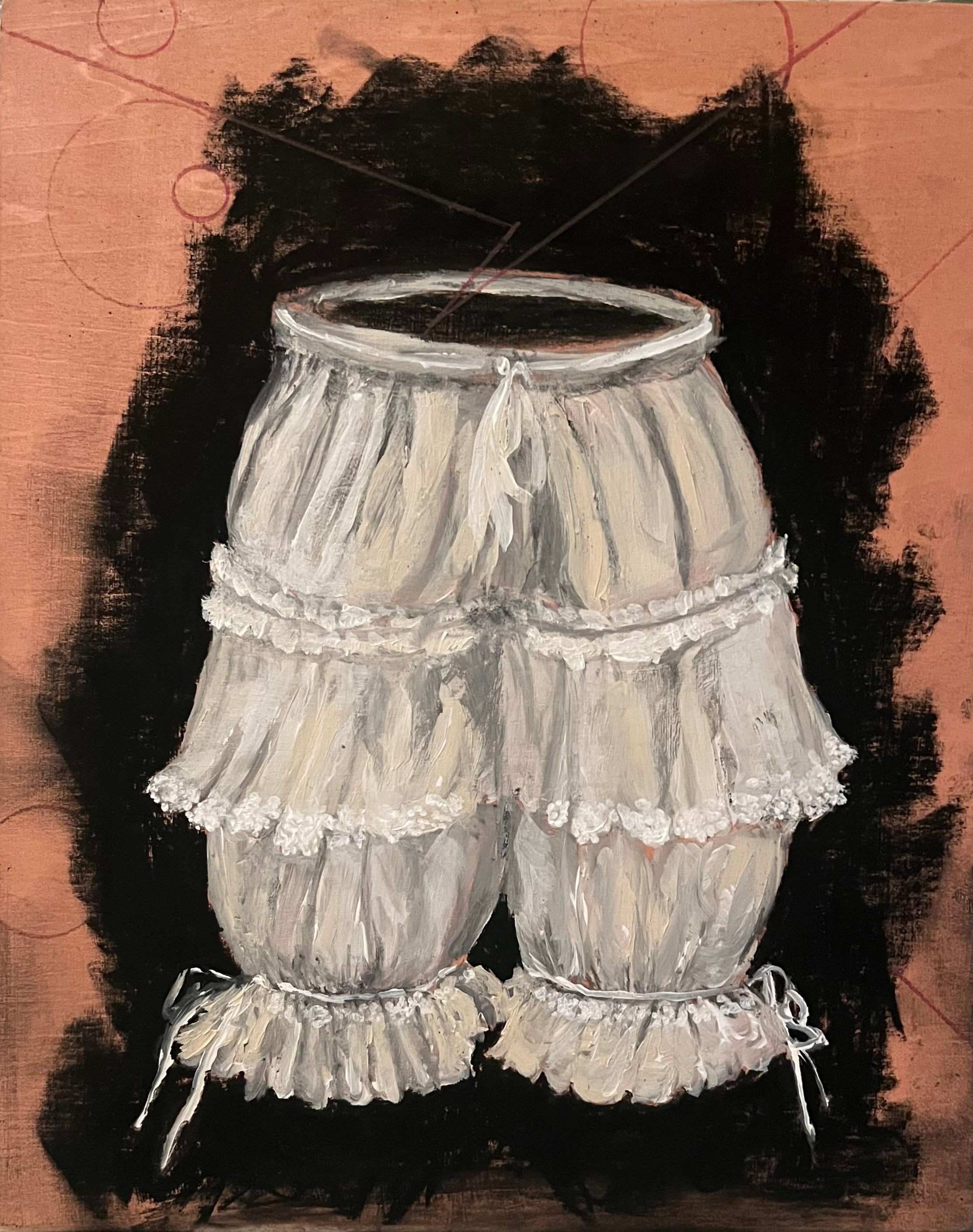 A painting of frilly, white bloomers with lace trim, set against a textured brown and black background with faint pink circular and line patterns. The garment appears to float without a body.