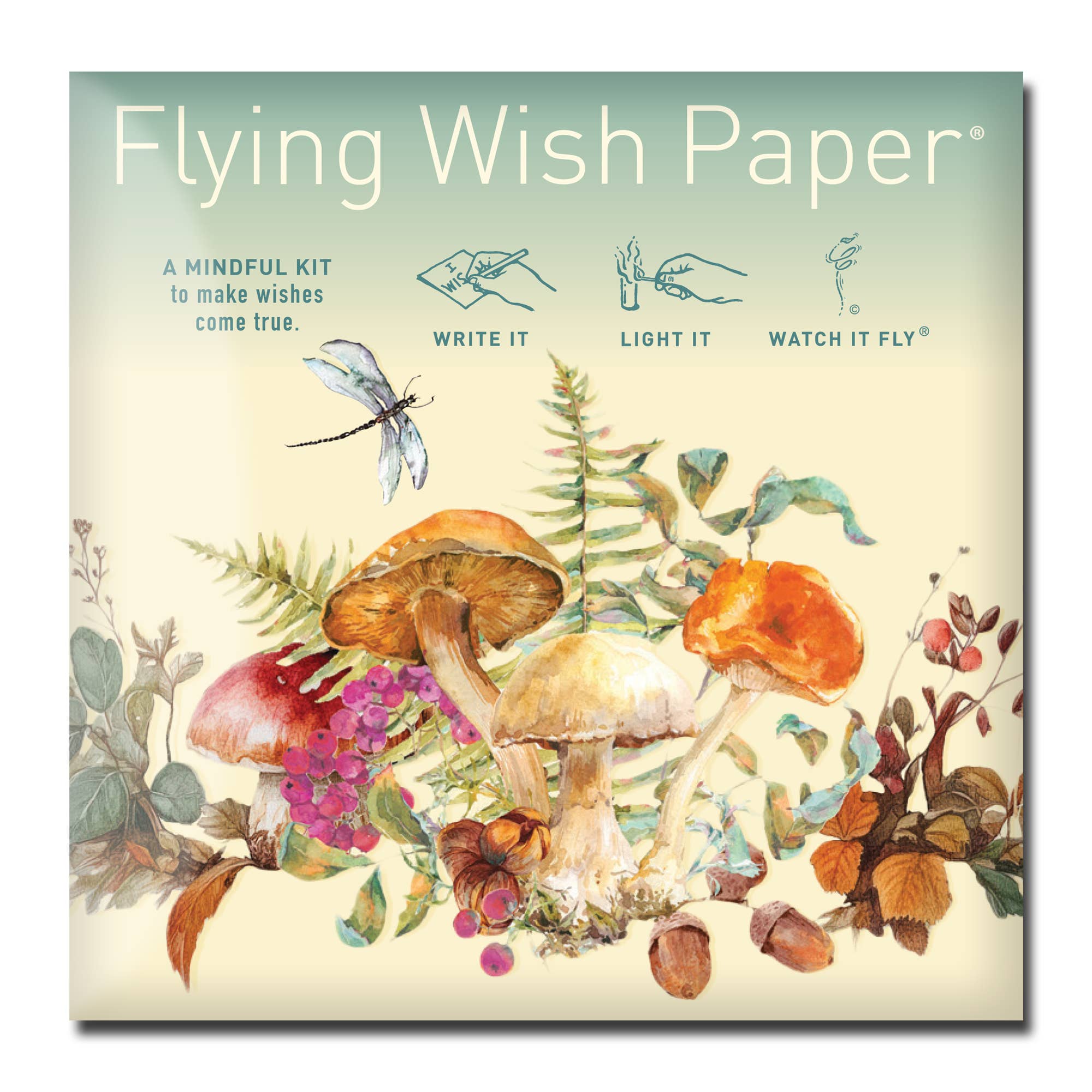 A FLYING WISH PAPER® package features a dragonfly, mushrooms, ferns, and flowers. Instructions: Write it, Light it, Watch it Fly using the wish-launching platform. A mindful Flying Wish Paper® kit to help make your wishes come true.