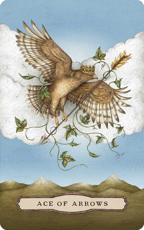 A crowned bird with vines carries an arrow and a feather in its beak, soaring before a cloud above mountains. Below, the card is labeled ACE OF ARROWS. Drawing inspiration from Tarot of the Woodland Wardens by Jessica Roux (Simon & Schuster; Mixed Media; 224 pages / English), this nature-themed tarot card elegantly reflects the harmony between wildlife and mysticism.
