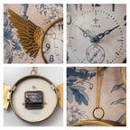 A collage features the IRON CLOCK IN GOLD FINISH by Vagabond Vintage, with golden angel wings, floral background, ornate hands, Paris label, battery compartment back, and hanging loop.