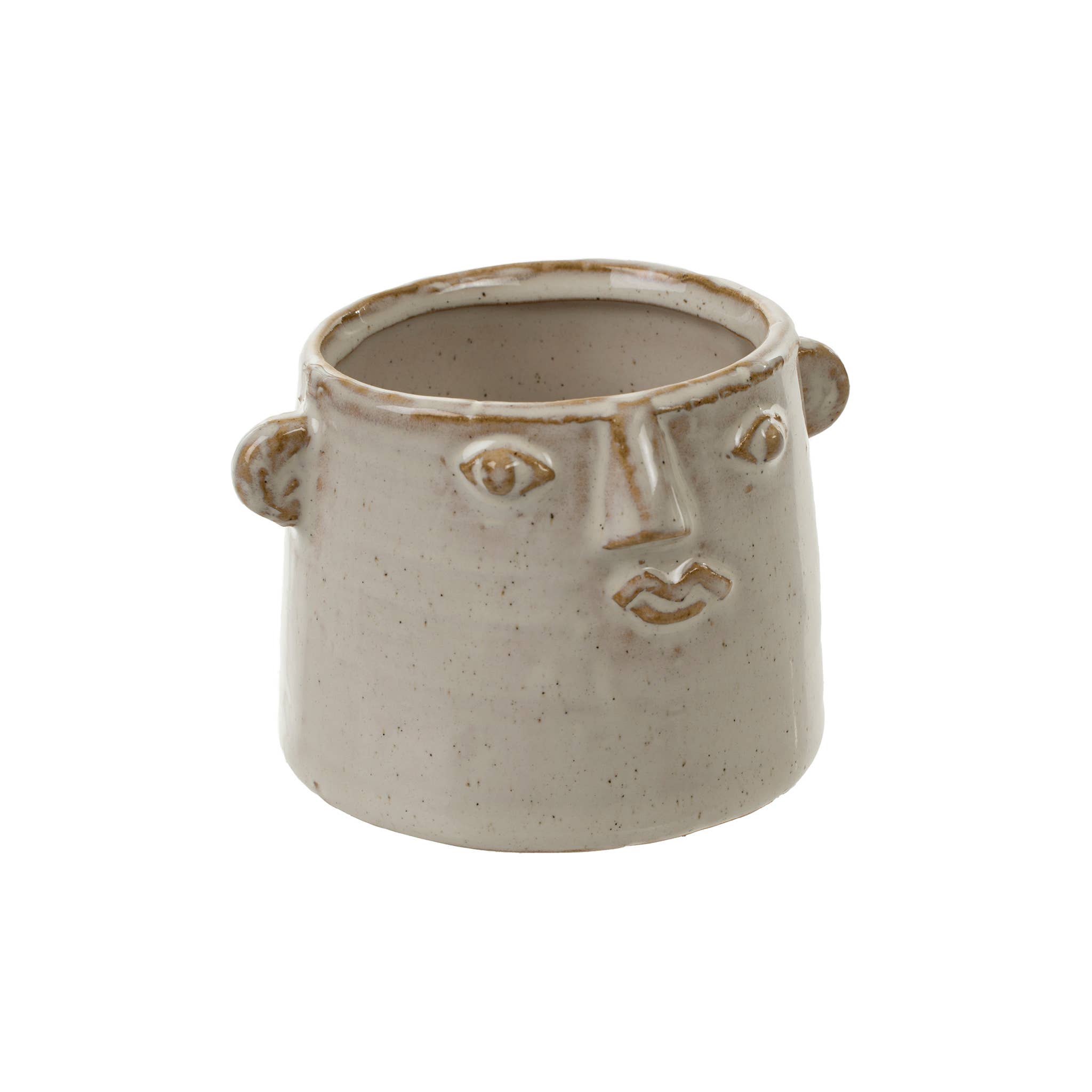 The Indaba Trading Character Pot S is a beige ceramic pot shaped like a head with simple raised facial features and ears—perfect for displaying a mini succulent.