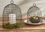 The Park Designs Wire Bell Cloches - Set of 2 feature elegant circular handles and display a candle with greenery under one cloche, while the other shelters a nest with eggs on stacked white plates, all arranged on a wooden surface.
