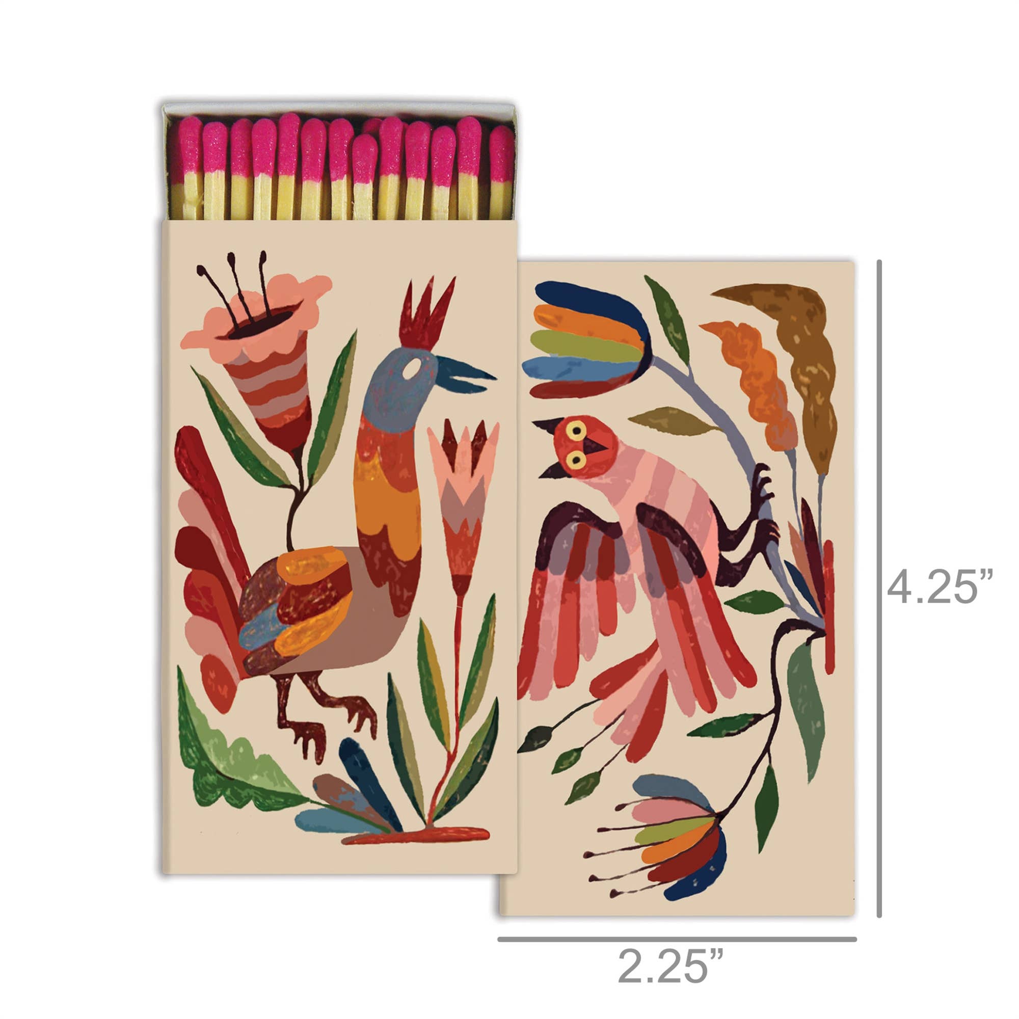 The Matches - Mexican Birds by HomArt feature folk art-style birds, flowers, and leaves on a 2.25" x 4.25" box filled with pink-tipped safety matches—perfect as decor or a hostess gift.