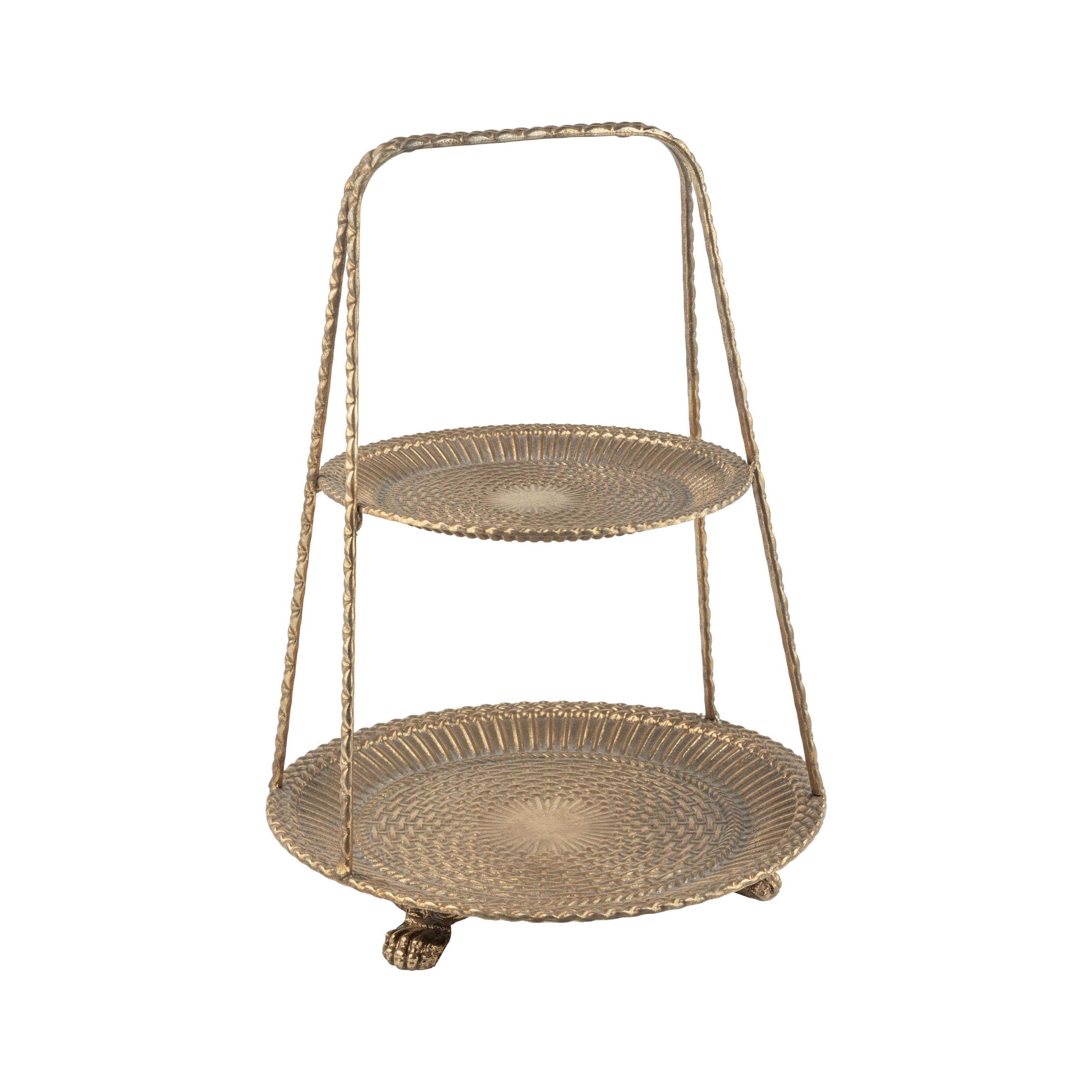 Silver Tree Home & Holiday’s A00549 is a 2-tier metal stand with honeycomb plates, an antique bronze finish, and a metal handle. Measuring 13x9.75", it stands elegantly on three feet for stylish display.