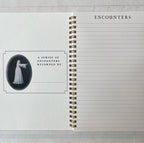 The open Spectropia, Spectral Illusions and Ghosts journal by Parcel has lined pages: "ENCOUNTERS" tops the right page, while the left shows a vintage woman in white above "A SERIES OF ENCOUNTERS RECORDED BY" with space to write below.