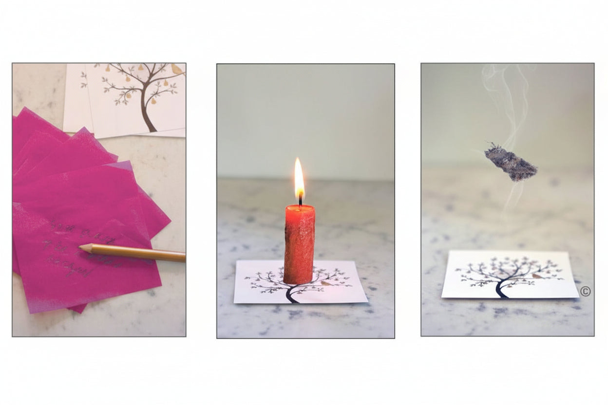 Three panels: first, a hand writes wishes on pink Flying Wish Paper® from FLYING WISH PAPER ® over a card with a tree; second, a red candle burns on the card; third, ashes and smoke rise above the card, illustrating the transformation.