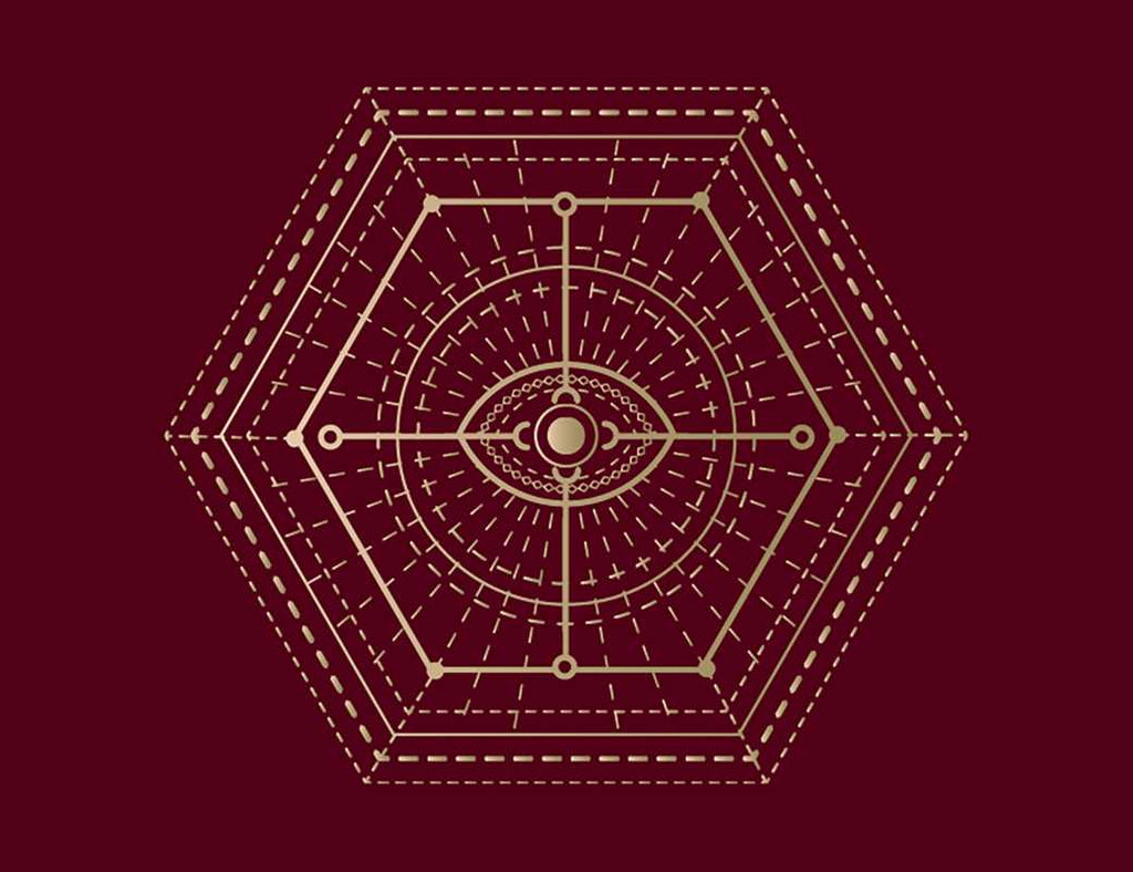 Discover Spells: A little deck of enchantments by Lorriane Anderson from Simon & Schuster—a set of English flashcards featuring 40 pages. Adorned with a golden geometric hexagon design accented by an eye motif at the center, intersecting lines, circles, and dotted paths emerge against a deep maroon background. This intricate, symmetrical pattern evokes sacred geometry and mystical vibes, making it the perfect witchy gift to inspire magical energy in any space.