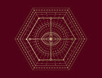 Discover Spells: A little deck of enchantments by Lorriane Anderson from Simon & Schuster—a set of English flashcards featuring 40 pages. Adorned with a golden geometric hexagon design accented by an eye motif at the center, intersecting lines, circles, and dotted paths emerge against a deep maroon background. This intricate, symmetrical pattern evokes sacred geometry and mystical vibes, making it the perfect witchy gift to inspire magical energy in any space.