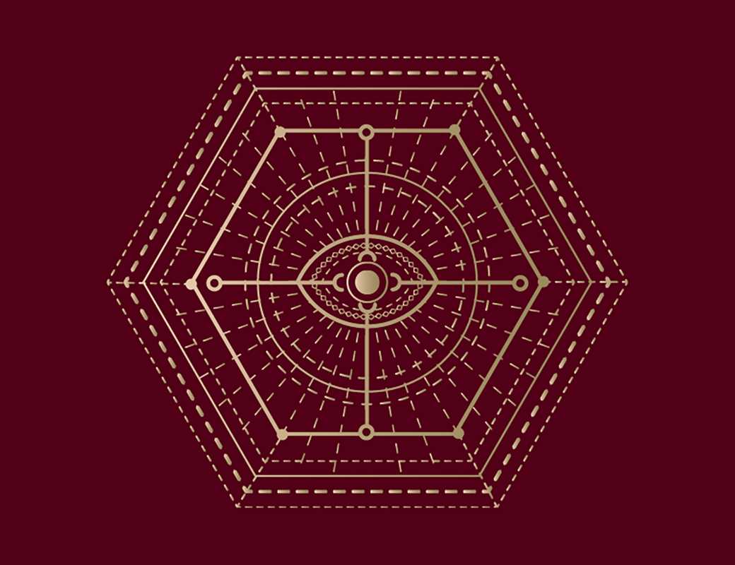 Discover Spells: A little deck of enchantments by Lorriane Anderson from Simon & Schuster—a set of English flashcards featuring 40 pages. Adorned with a golden geometric hexagon design accented by an eye motif at the center, intersecting lines, circles, and dotted paths emerge against a deep maroon background. This intricate, symmetrical pattern evokes sacred geometry and mystical vibes, making it the perfect witchy gift to inspire magical energy in any space.