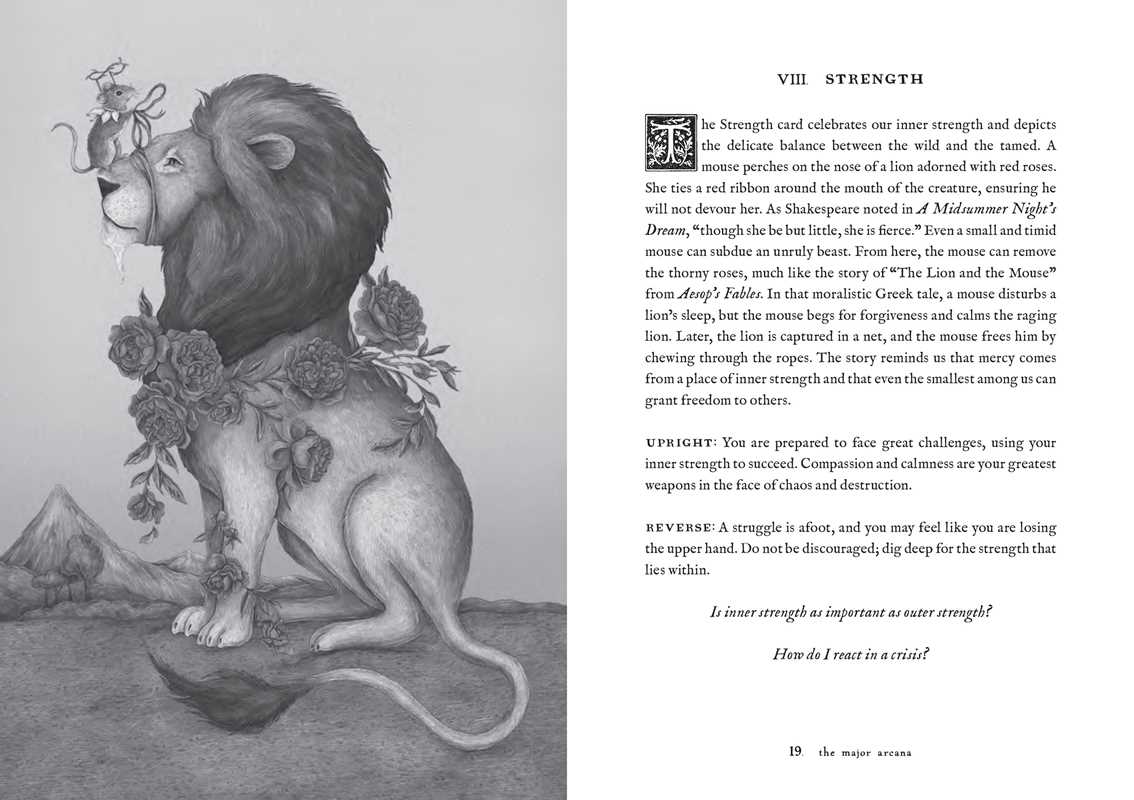 An enchanting black and white illustration from Tarot of the Woodland Wardens by Jessica Roux (Simon & Schuster) showcases a lion adorned with roses and feathers in its mane, accompanied by a woman gently holding open its mouth. To the right, text explains the symbolism and meanings behind the Strength tarot card. Much like Jessica Roux’s signature nature-themed style in this 224-page mixed media deck, flora and fauna are thoughtfully woven into this evocative tarot scene.