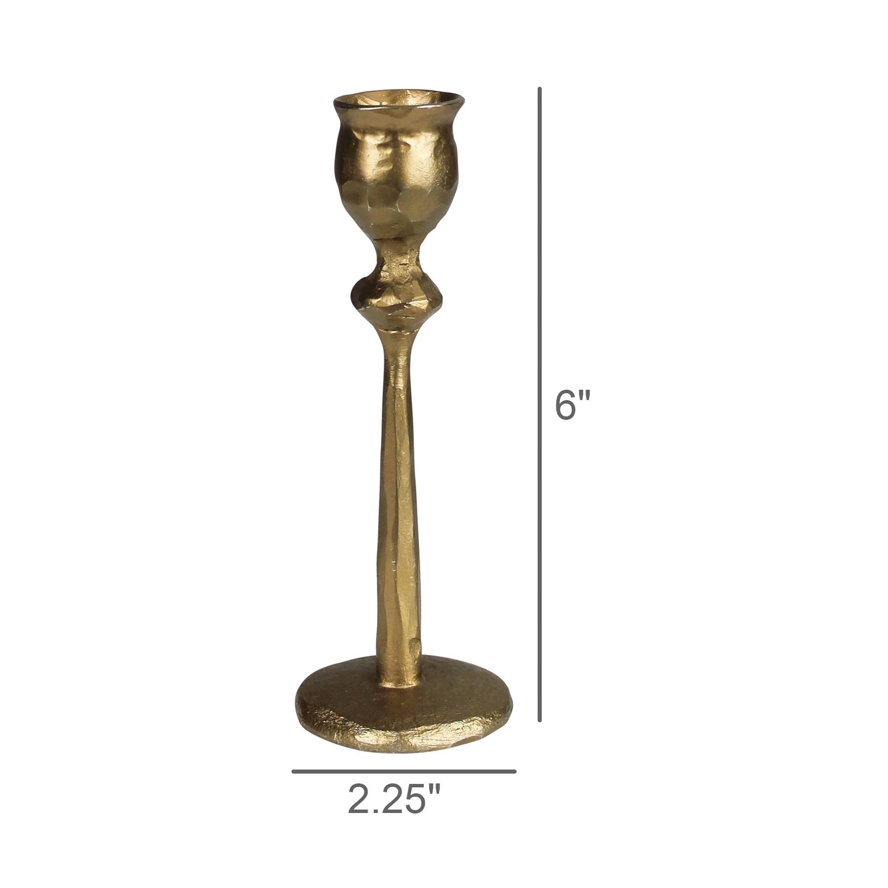 The HomArt Sonrisa Taper Holder, Brass - Sm, is a brass-plated, fluted metal candlestick holder with a textured surface, measuring 6" tall and 2.25" wide at the base, shown on a white background.