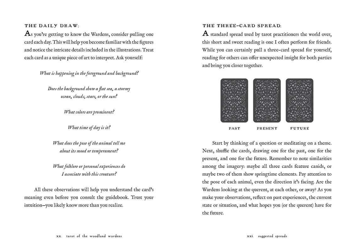 An open book from the Tarot of the Woodland Wardens by Jessica Roux, published by Simon & Schuster, displays tarot card reading instructions—such as The Daily Draw and The Three-Card Spread—alongside three nature-themed illustrated tarot cards labeled Past, Present, and Future.