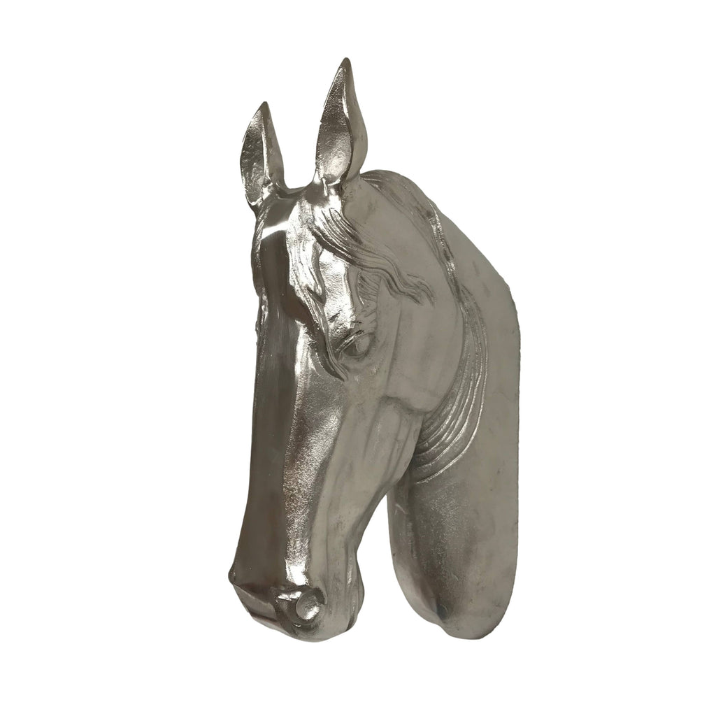 The Wilco Home Cast Aluminum Wild Horse Head features a shiny, metallic silver finish with detailed features and a polished nickel look, displayed against a white background.