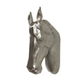 The Wilco Home Cast Aluminum Wild Horse Head features a shiny, metallic silver finish with detailed features and a polished nickel look, displayed against a white background.