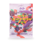 A vibrant 5.2oz bag of BonBon - A Swedish Candy Co Sour Blackberry Fish features abstract fruit and fish art, offering a Swedish candy twist that's gluten-free, vegan, and made with natural colors.