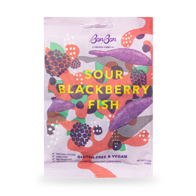 A vibrant 5.2oz bag of BonBon - A Swedish Candy Co Sour Blackberry Fish features abstract fruit and fish art, offering a Swedish candy twist that's gluten-free, vegan, and made with natural colors.