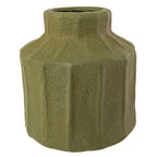 The Matte Green Ceramic Vase by Foreside Home & Garden features a ribbed, stoneware texture with a wide, angular body and a narrow round opening for an artisanal look.
