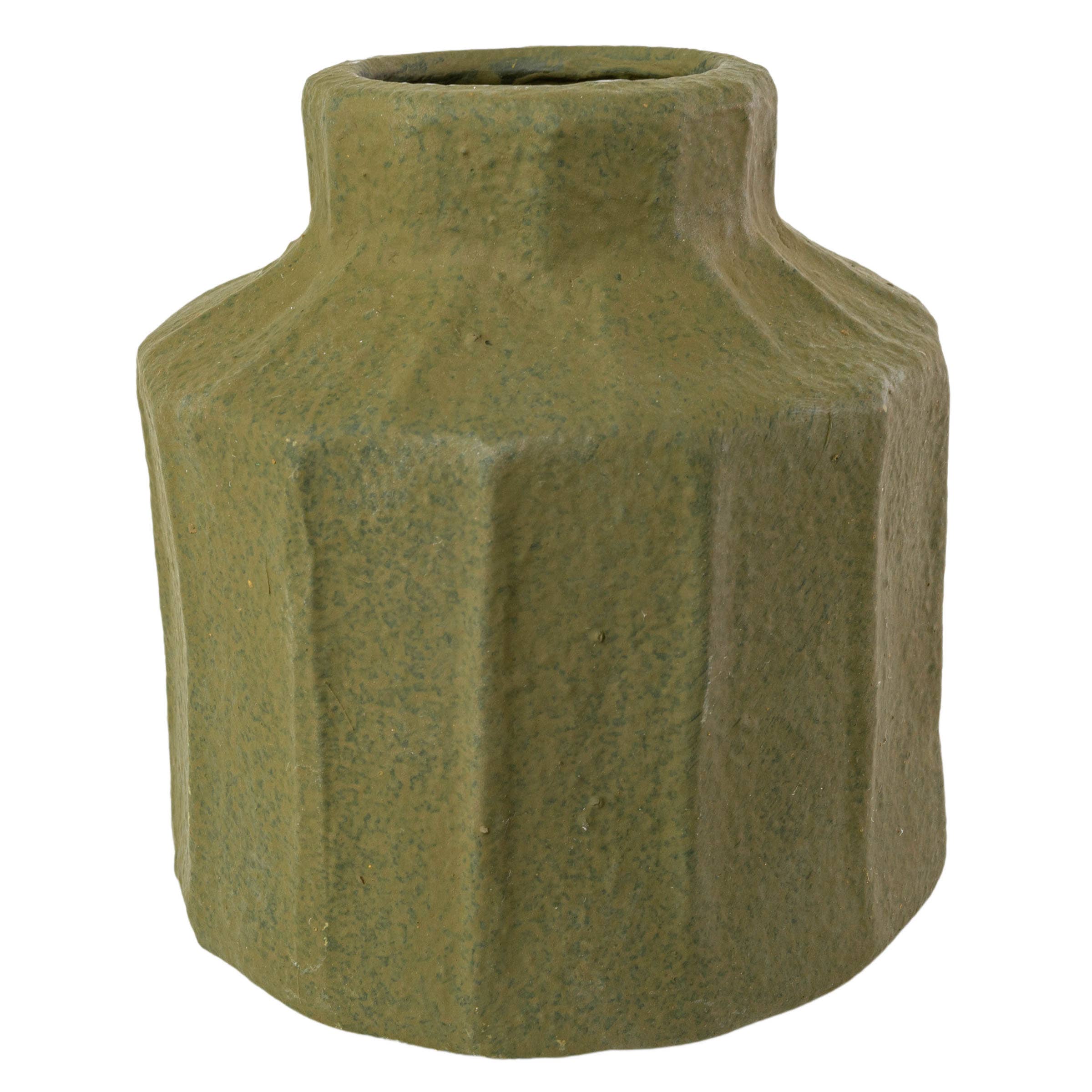 The Matte Green Ceramic Vase by Foreside Home & Garden features a ribbed, stoneware texture with a wide, angular body and a narrow round opening for an artisanal look.