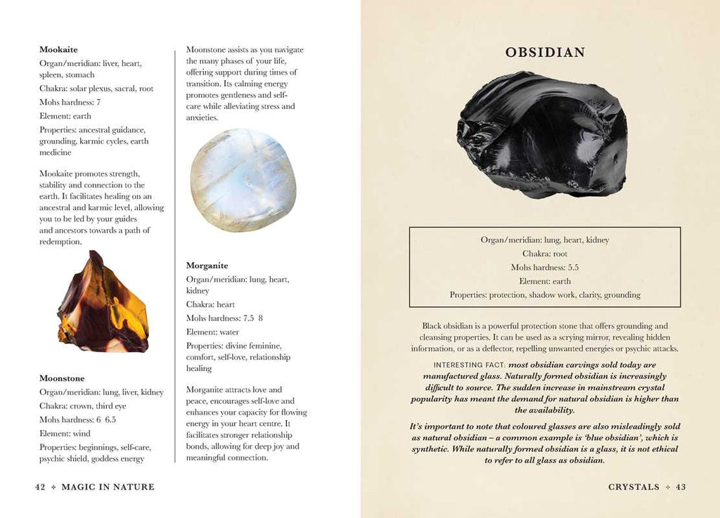 A Practical Guide to Magic in Nature by Jessica Lahoud (Simon & Schuster) is a 256-page hardcover featuring crystal spreads on Moonstone, Mookaite, and Obsidian with images, properties, chakras, correspondences, and metaphysical uses.
