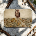 The Firefly Notes Owl Notions Tin features a vintage owl illustration on the lid and a floral pattern below. This rectangular tin is perfect for storing small items and makes a charming addition to any craft or sewing collection.
