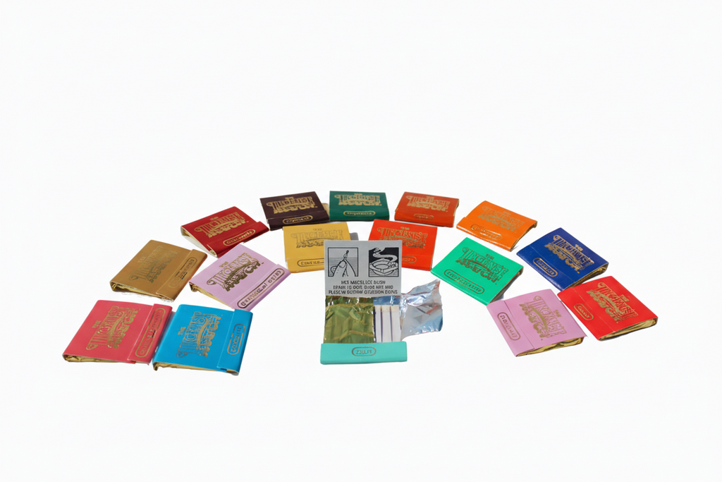 A semicircle of colorful rectangular bars surrounds an open mint-green Fragrance Matches pack by H&L NOVELTIES INC with exposed matches in the center, all displayed on a white background.