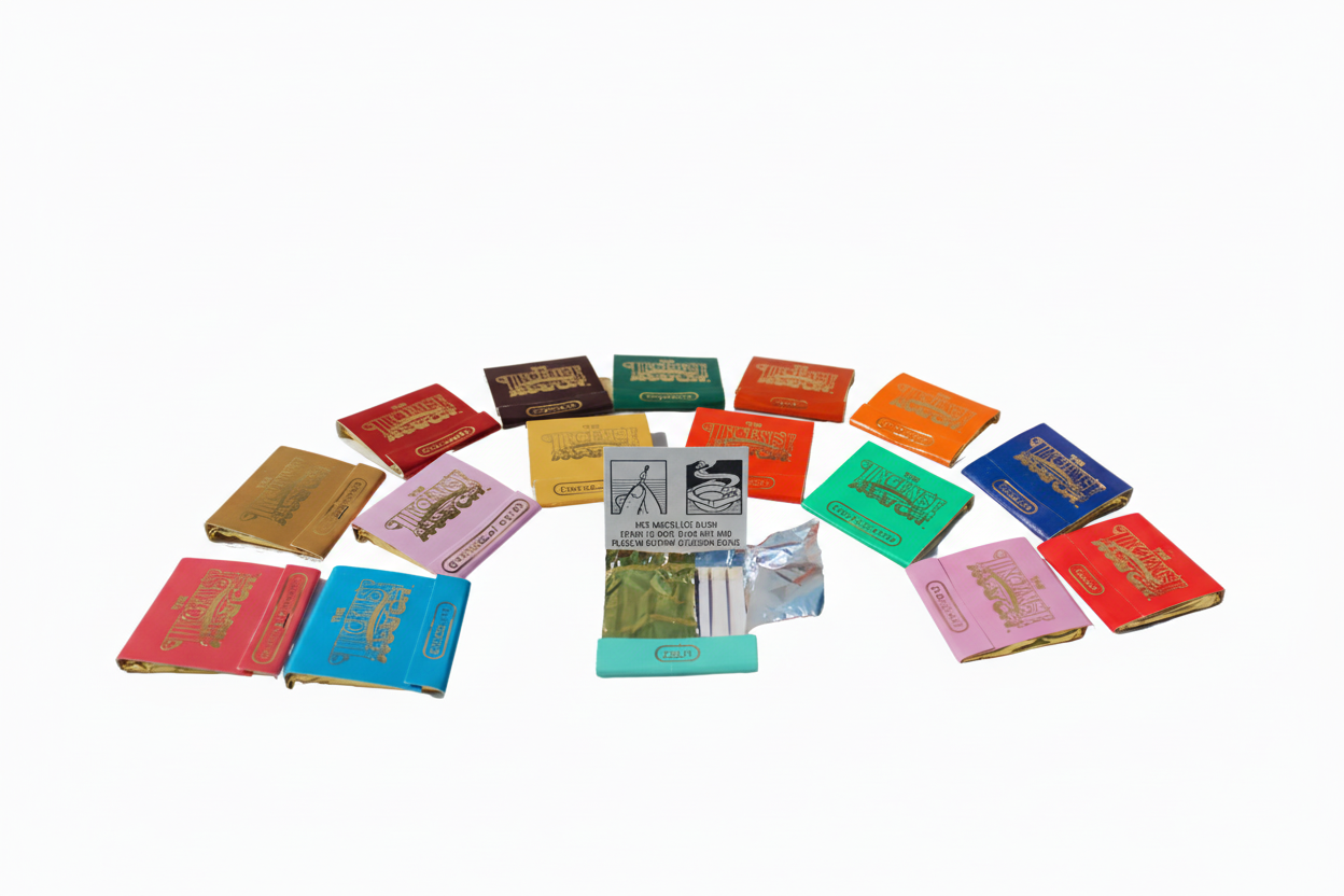 A semicircle of colorful rectangular bars surrounds an open mint-green Fragrance Matches pack by H&L NOVELTIES INC with exposed matches in the center, all displayed on a white background.