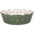 The Camellia Bowl Large 8 inch by Danica Heirloom features green ceramic with scalloped edges, white floral patterns, and red flower designs—perfect for adding rustic farmhouse charm to any kitchen.