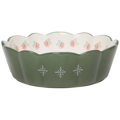 The Camellia Bowl Large 8 inch by Danica Heirloom features green ceramic with scalloped edges, white floral patterns, and red flower designs—perfect for adding rustic farmhouse charm to any kitchen.