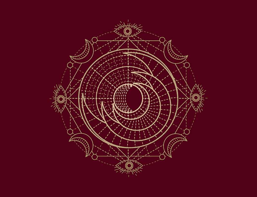Discover “Spells: A Little Deck of Enchantments” by Lorriane Anderson from Simon & Schuster—a set of 40 English flashcards featuring symmetrical circular designs with geometric spirals, crescent moons, and mystical eyes on a maroon background, perfect for spell card collections or infusing your décor with witchy inspiration.