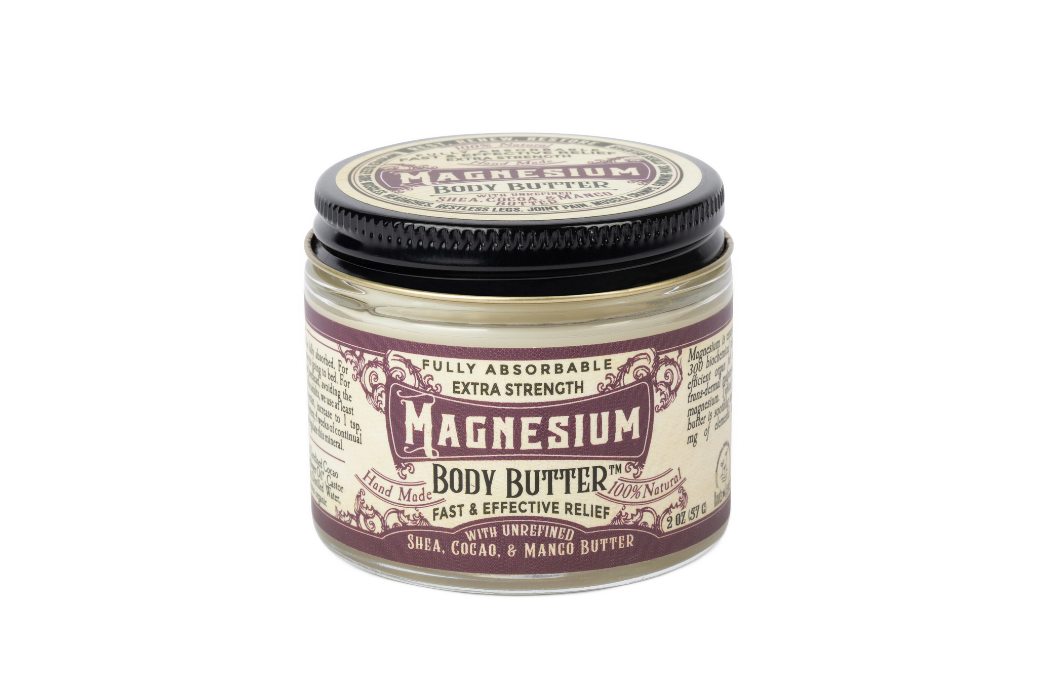 A glass jar of Roots And Leaves Magnesium Body Butter features extra strength, unrefined shea, cocoa, and mango butters for optimal magnesium absorption. The purple and cream labels on the lid and front are clearly visible.