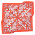 The No. 105 Greta Bandana by Handker Bandanas is a bright red premium cotton accessory with a symmetrical floral design of white and pink roses and leaves, bordered by decorative patterns.