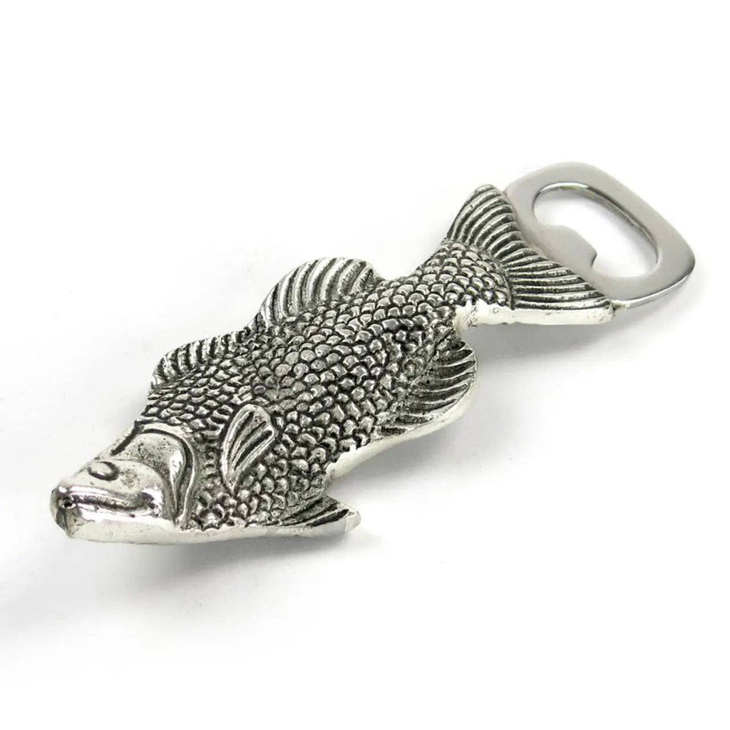 The Vagabond Vintage Metal Fish Bottle Opener features an ergonomic, fish-shaped design with detailed scales and fins. Its tail acts as a convenient bottle opener, providing a comfortable grip and easy use on any surface.