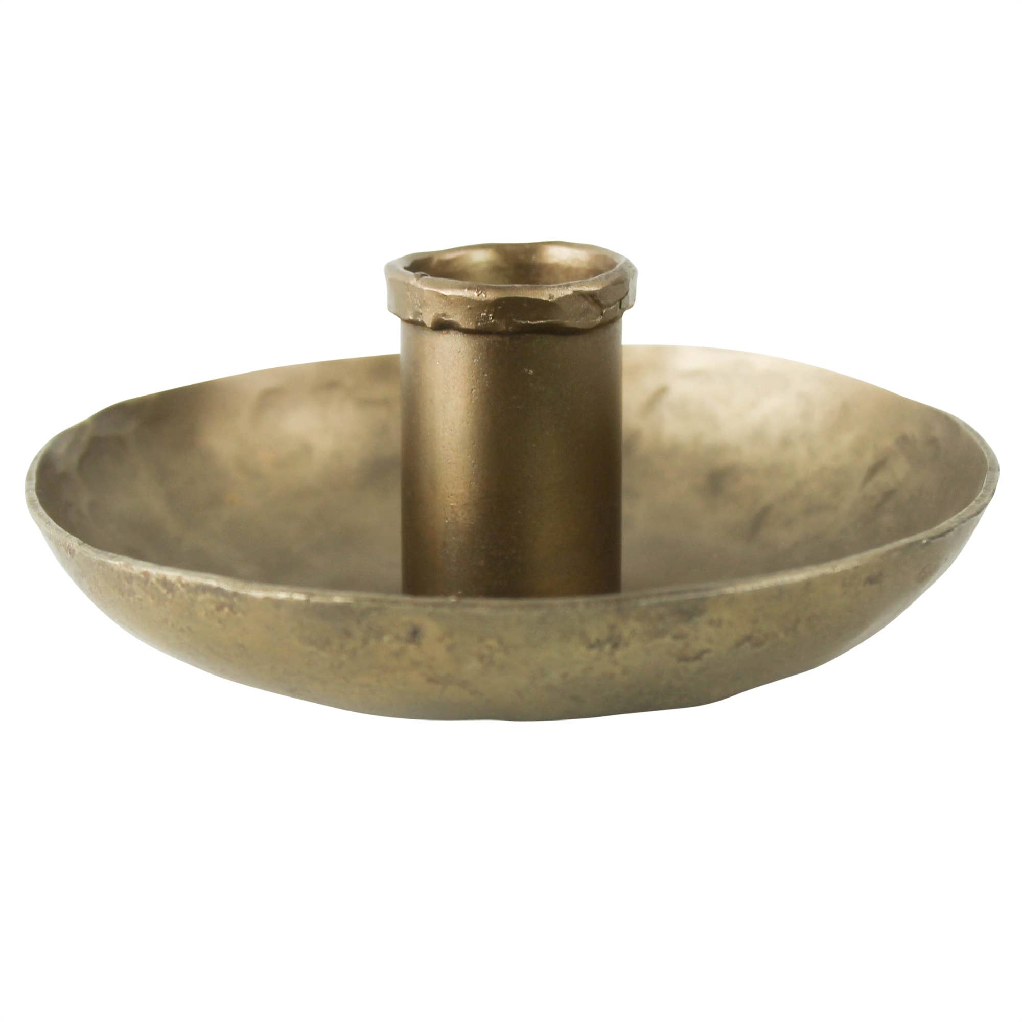 The HomArt Tanta Taper Holder is a brass-plated aluminum candle holder with a round base and central cylindrical holder, designed for a single candle.