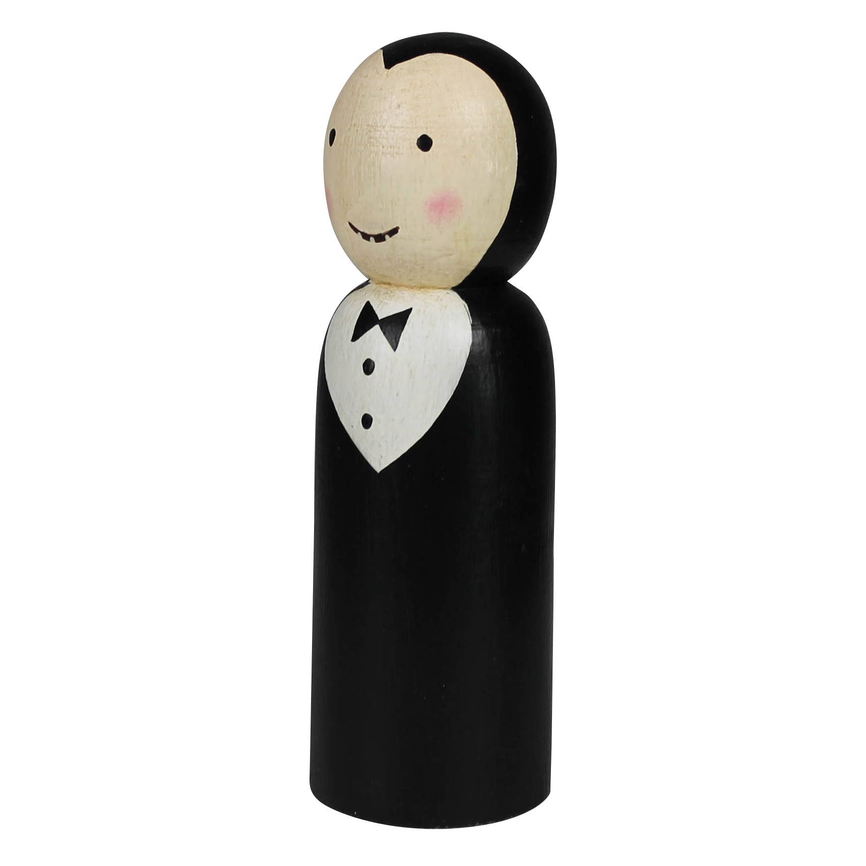 The HomArt Wood Vampire is a hand-painted wooden peg doll in a black tuxedo with a white shirt, bow tie, and simple smiling face—perfect Halloween decor with its rosy cheeks and carved vampire charm.