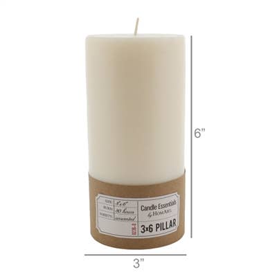 An ivory unscented paraffin candle, 6" tall by 3" wide, with a brown base label reading "Pillar 3 x 6 - Ivory" by HomArt, features an impressive 80-hour burn time.