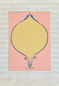 The Parcel Oval Frame Stationery Set features note cards with a large yellow ornate frame, green and pink floral accents on printed cardstock, set against light pink. Displayed on lined paper and ideal for pairing with A7 envelopes.