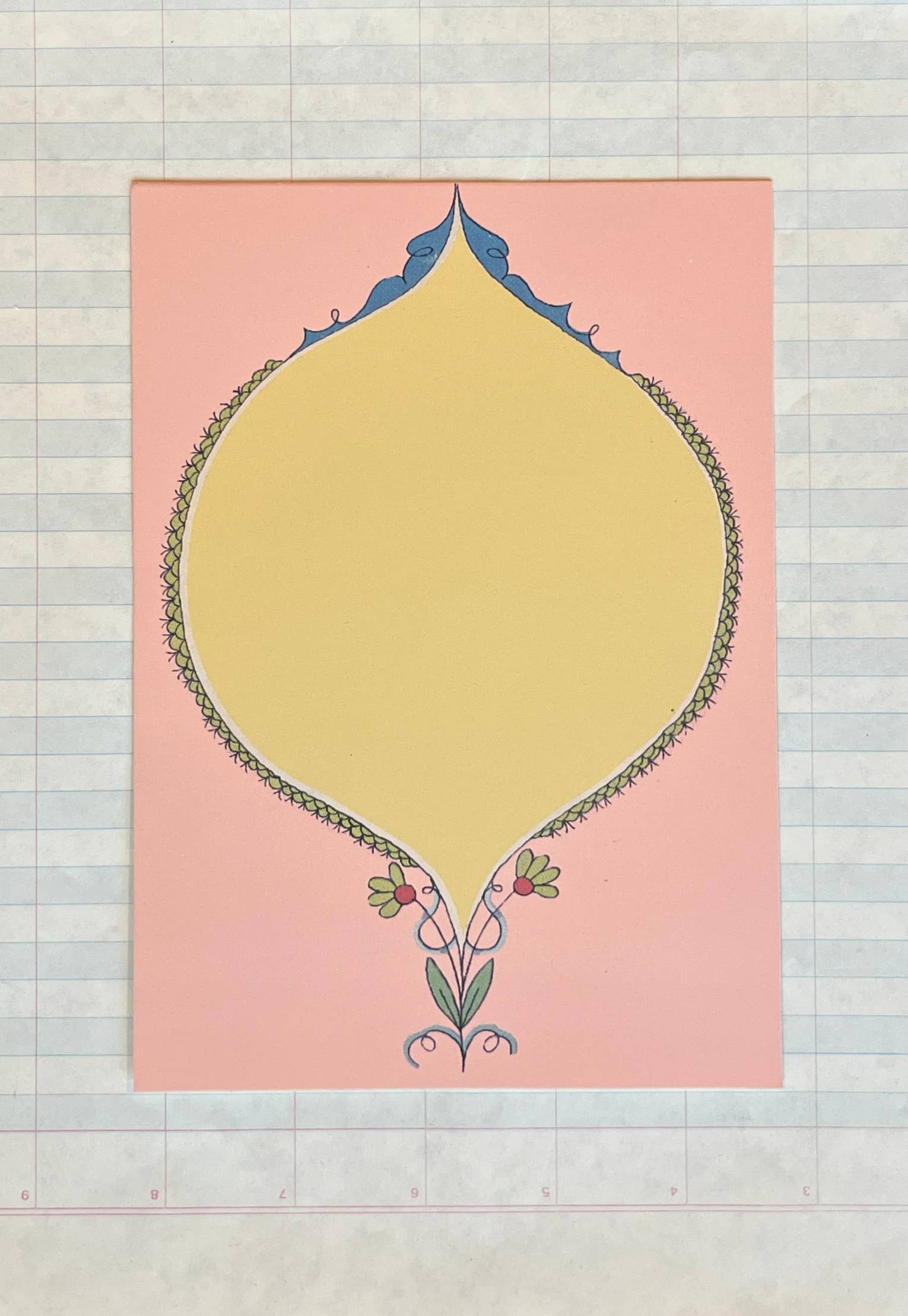 The Parcel Oval Frame Stationery Set features note cards with a large yellow ornate frame, green and pink floral accents on printed cardstock, set against light pink. Displayed on lined paper and ideal for pairing with A7 envelopes.