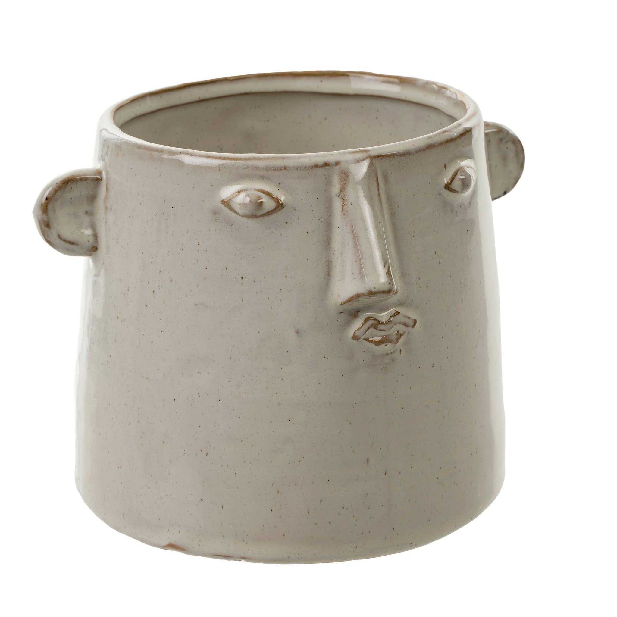 The Indaba Trading Character Pot L is a beige ceramic planter in a rounded cylinder shape with a minimalist face design—sculpted eyes, nose, lips, and ears—ideal for mini succulents. This planter has no drainage hole.
