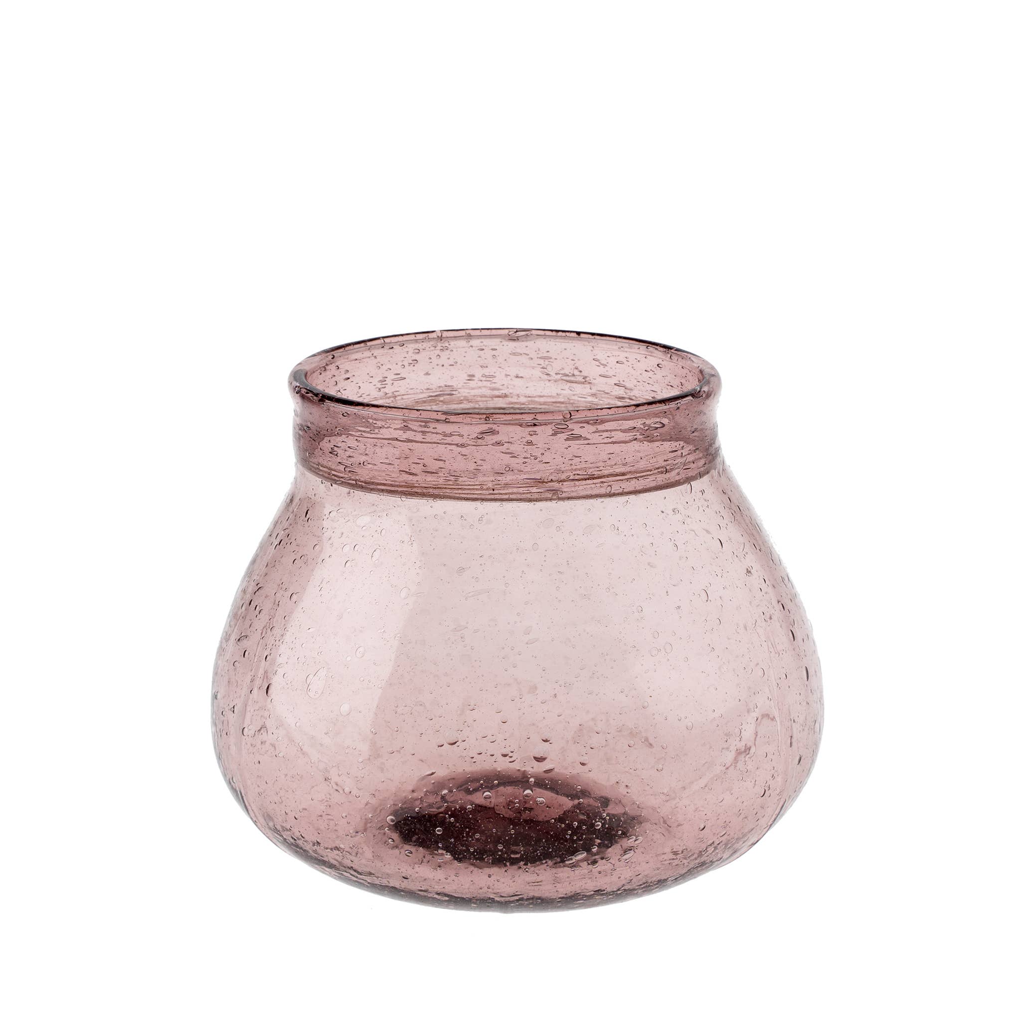 The Indaba Trading Recycled Glass Vase, Sangria, features a round, wide-mouthed hand-blown design in light mauve with textured air bubble glass and a flared opening for a modern decorative touch.