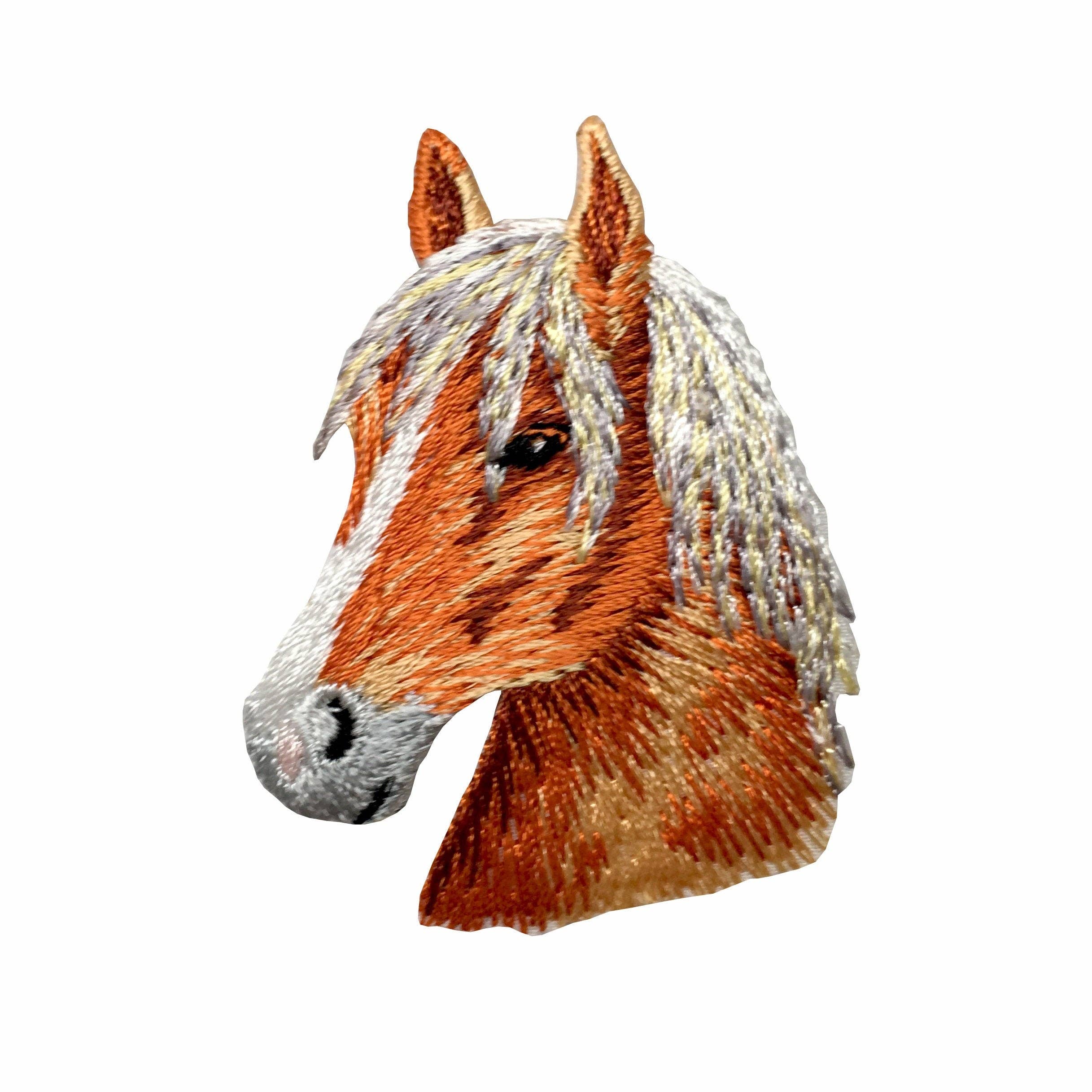 The Chestnut Horse Head - Facing Left Iron on Patch by Wholesale Applique features detailed embroidery with a white mane and brown fur, perfect as a horse patch for jackets or bags. Shown on a white background.