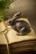 The Small Cast Iron Rabbit by Vagabond Vintage rests on aged papers tied with twine, with blurred greenery and white flowers in the background, adding timeless charm to this decorative accent.