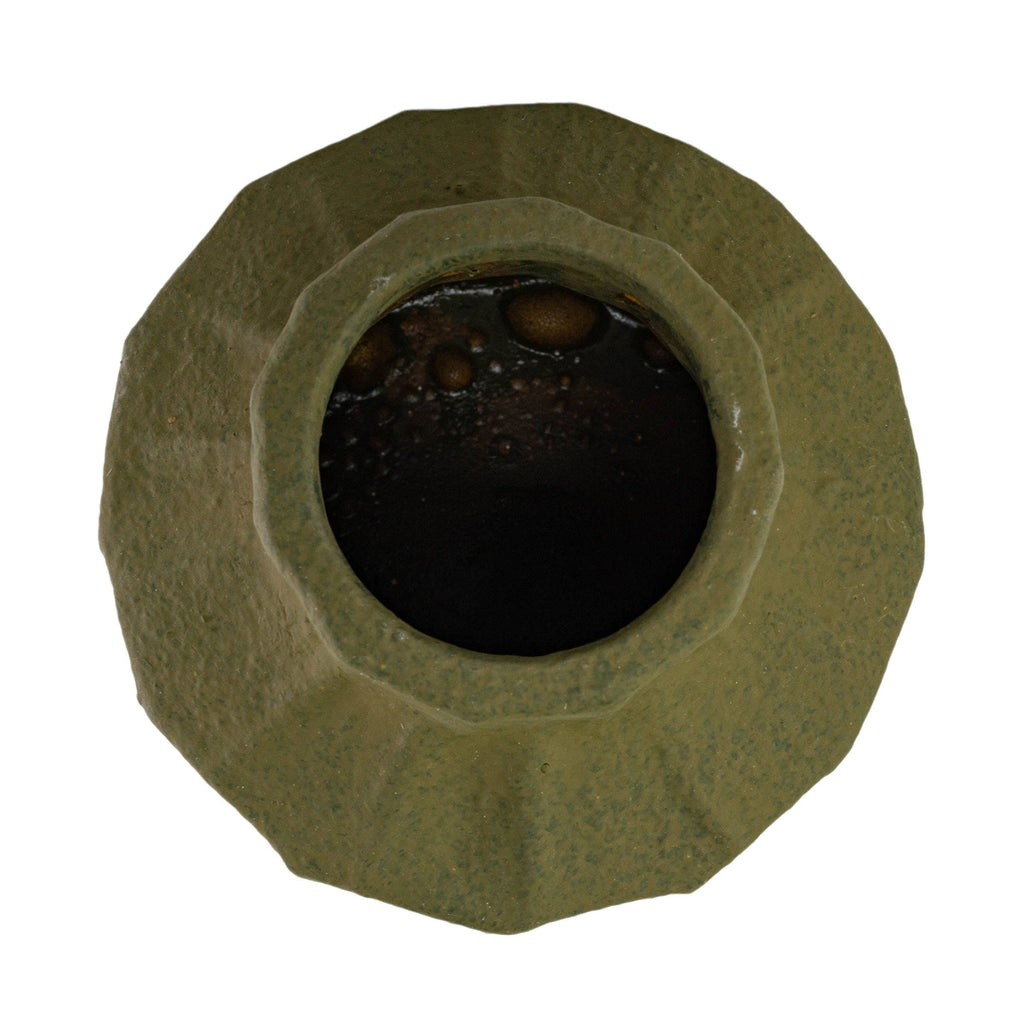 Top-down view of the Foreside Home & Garden Matte Green Ceramic Vase, showcasing its ribbed texture, wide opening, and dark glossy interior on a white background.