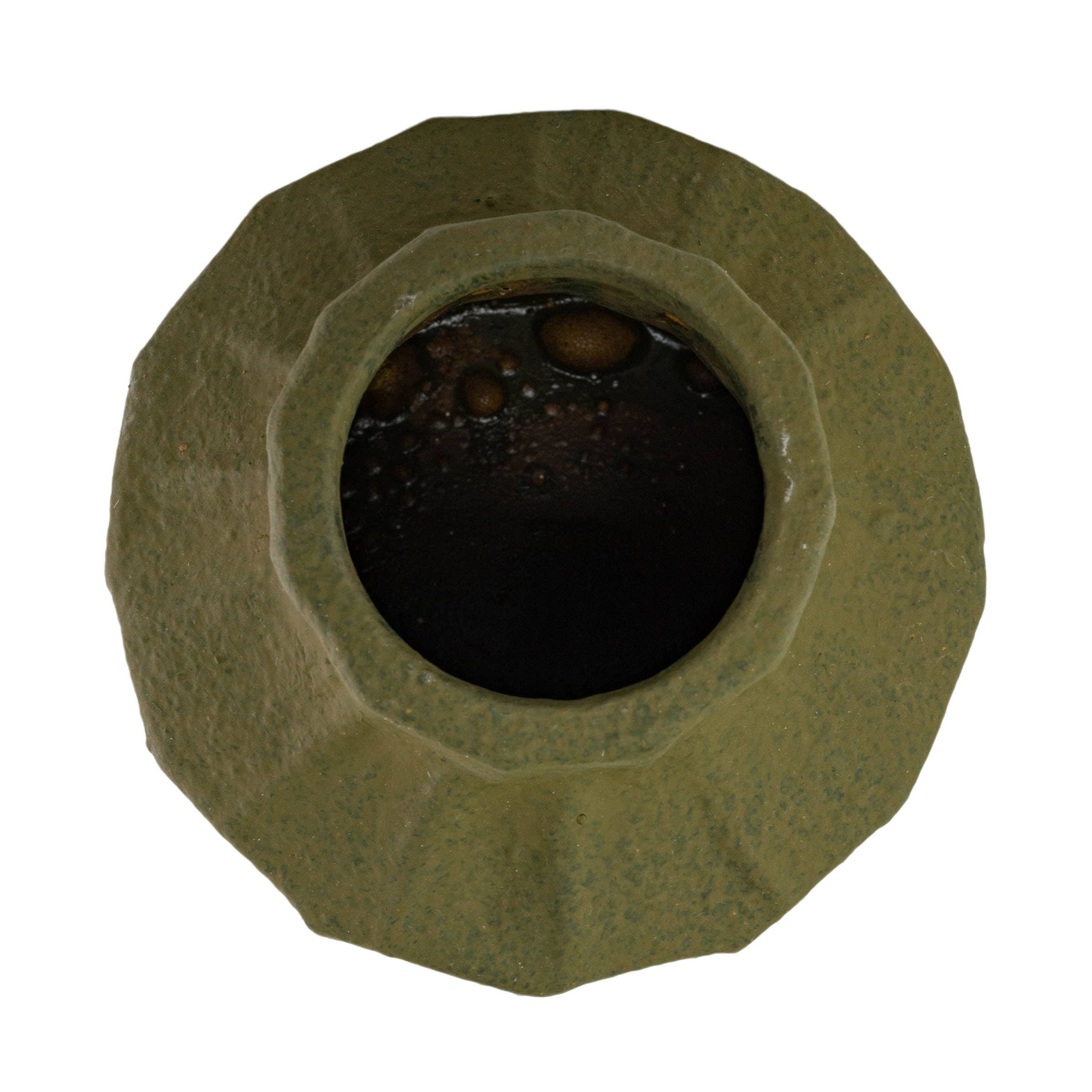 Top-down view of the Foreside Home & Garden Matte Green Ceramic Vase, showcasing its ribbed texture, wide opening, and dark glossy interior on a white background.