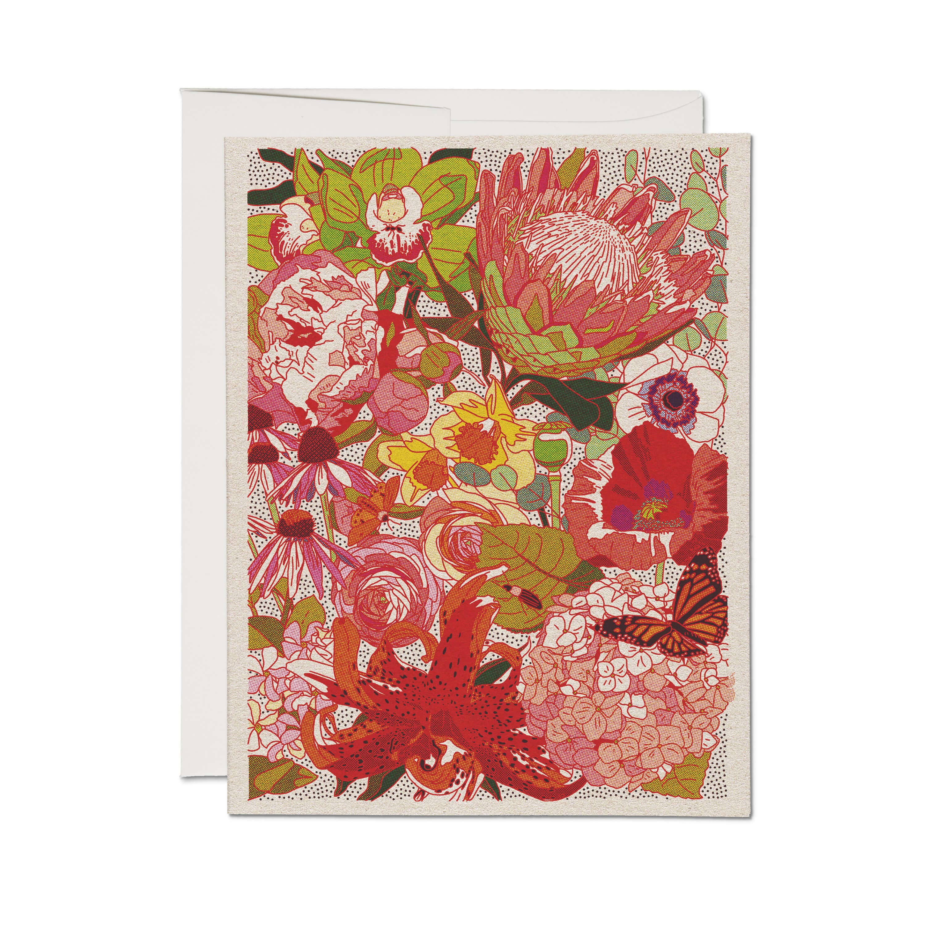 The Wild Florals greeting card: Single by Red Cap Cards features vibrant flowers, green leaves, and a monarch butterfly. Printed in the USA, it comes with a white envelope included behind the card.