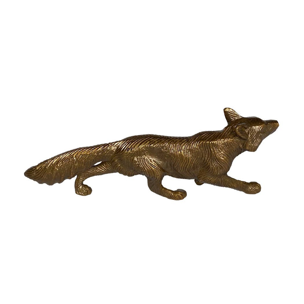 The Solid Antiqued Brass Running Fox Tabletop Desk Decor by Madison Bay Co. features a detailed prowling fox figurine with extended tail, adding vintage charm to your home or office as a historical decor reproduction.