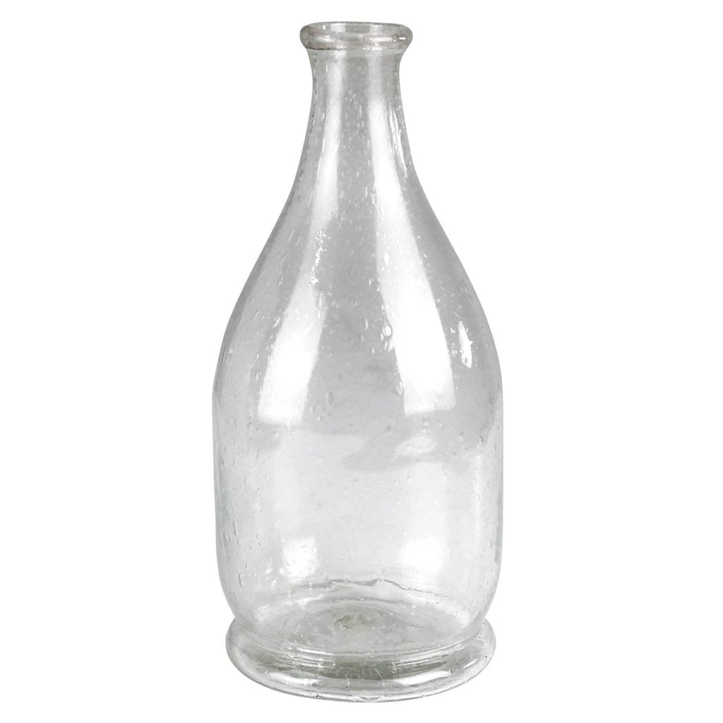The HomArt Peppered Glass Bottles, Set of 2, features clear glass with narrow necks and wide, rounded bodies—ideal as stylish decor accents for any space.