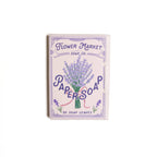 A pastel box labeled 123 Farm Paper Soap – Lavender Scent, Travel Size, 50 Sheets features lavender art and text stating “50 fragrant cleansing soap leaves” on a white background.