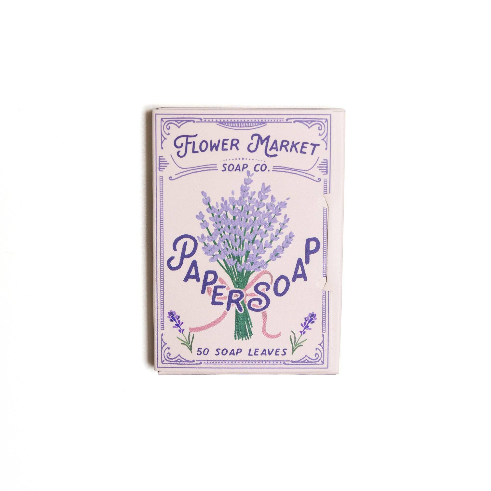 A pastel box labeled 123 Farm Paper Soap – Lavender Scent, Travel Size, 50 Sheets features lavender art and text stating “50 fragrant cleansing soap leaves” on a white background.